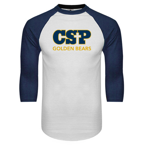  White/Navy Raglan Baseball T Shirt - CSP Golden Bears Stacked