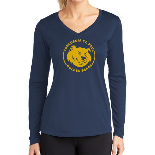  Womens Navy Performance Long Sleeve V Neck Shirt - Concordia St. Paul Golden Bears Badge