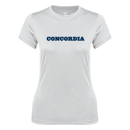  Womens White Performance Tee - Concordia Wordmark