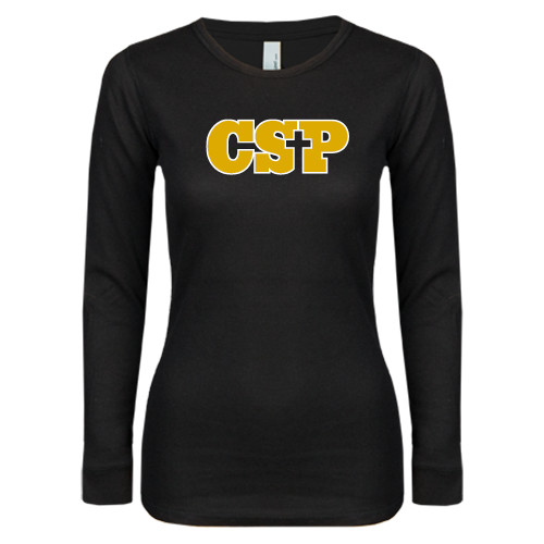  Womens Black Long Sleeve V Neck Tee  - Primary Mark