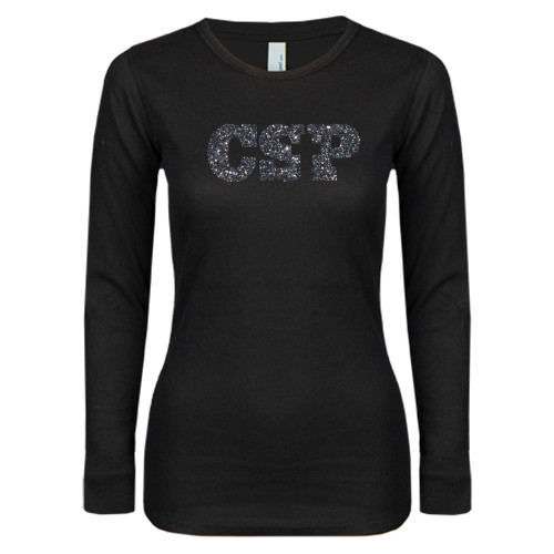  Womens Black Long Sleeve V Neck Tee  - Primary Mark Glitter