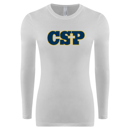  Womens White Long Sleeve V Neck Tee - Primary Mark