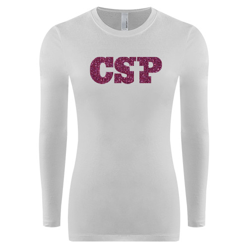  Womens White Long Sleeve V Neck Tee - Primary Mark Glitter