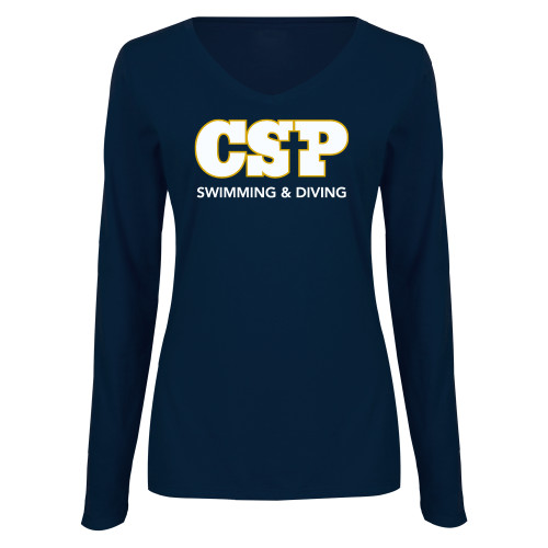  Womens Navy Long Sleeve V Neck Tee  - CSP Swim & Dive