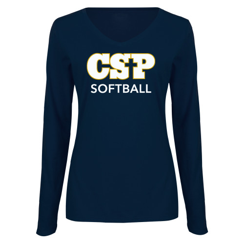  Womens Navy Long Sleeve V Neck Tee  - CSP Softball