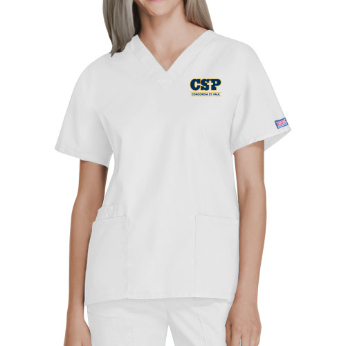  Womens White WW Originals V Neck Scrub Top - CSP Concordia St. Paul Stacked