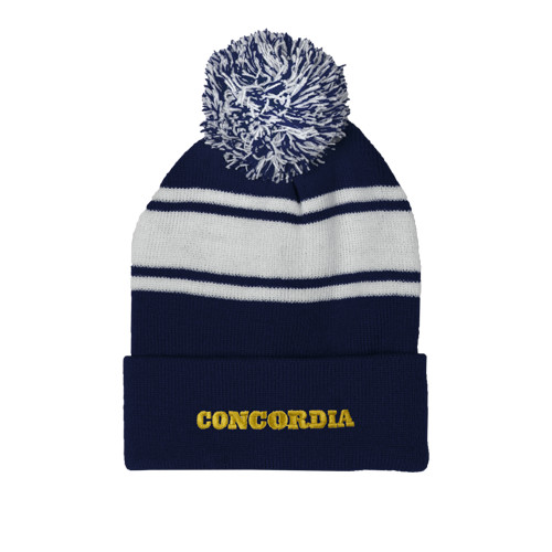  Navy/White Two Tone Knit Pom Beanie w/Cuff - Concordia Wordmark