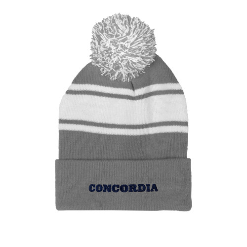  Grey/White Two Tone Knit Pom Beanie w/Cuff - Concordia Wordmark