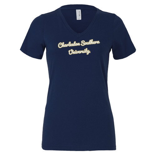  Bella + Canvas Womens Navy V Neck Cotton T Shirt - CSU Slanted Script