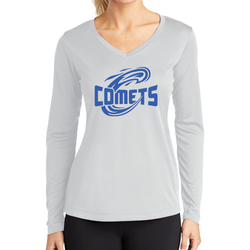  Womens White Performance Long Sleeve V Neck Shirt - Athletic Logo Home Version One Color