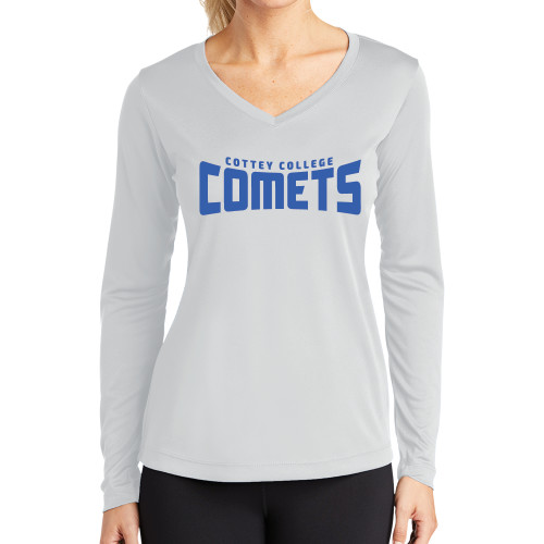  Womens White Performance Long Sleeve V Neck Shirt - Wordmark One Color