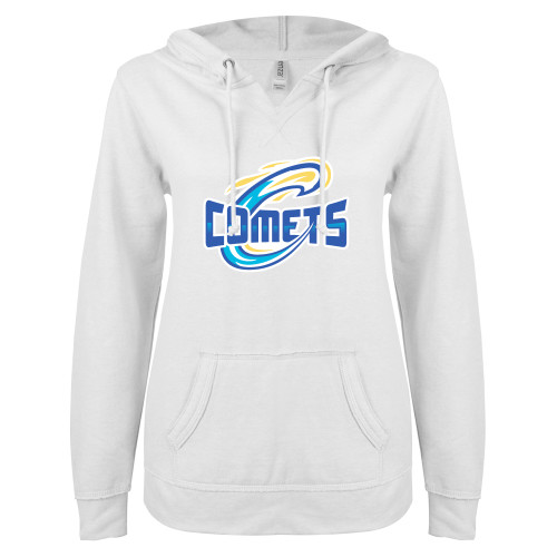  ENZA Womens White V Notch Raw Edge Fleece Hoodie - Athletic Logo Home Version
