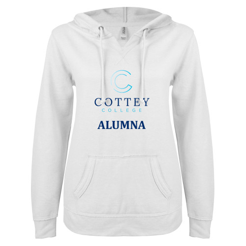  ENZA Womens White V Notch Raw Edge Fleece Hoodie - Academic Alumna