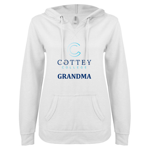  ENZA Womens White V Notch Raw Edge Fleece Hoodie - CC Grandma