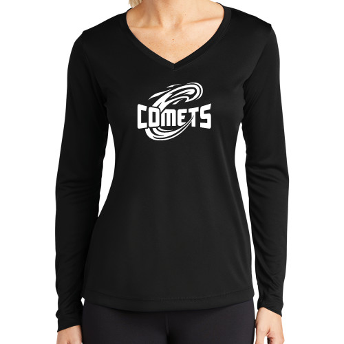 Womens Black Performance Long Sleeve V Neck Shirt - Athletic Logo Home Version