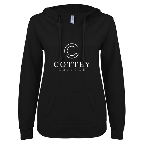  ENZA Womens Black V Notch Raw Edge Fleece Hoodie - Academic Logo Vertical