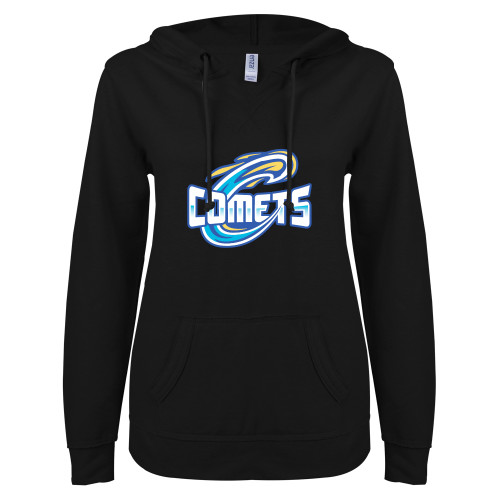  ENZA Womens Black V Notch Raw Edge Fleece Hoodie - Athletic Logo Home Version