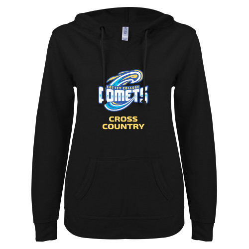  ENZA Womens Black V Notch Raw Edge Fleece Hoodie - CC Cross Country