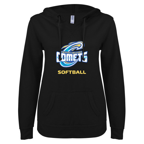  ENZA Womens Black V Notch Raw Edge Fleece Hoodie - CC Softball