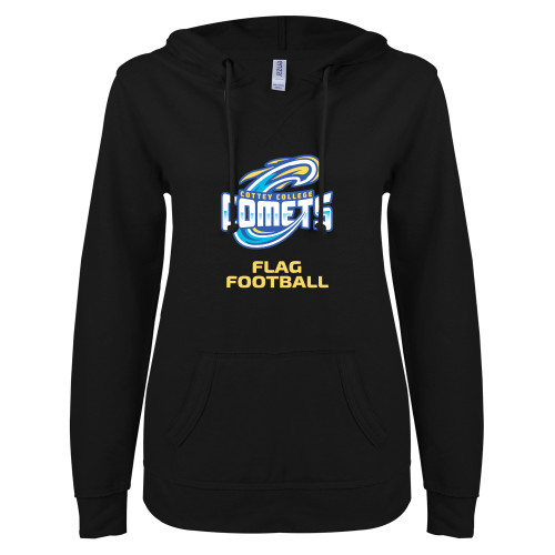  ENZA Womens Black V Notch Raw Edge Fleece Hoodie - CC Flag Football