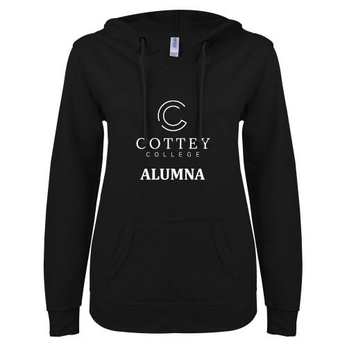  ENZA Womens Black V Notch Raw Edge Fleece Hoodie - Academic Alumna