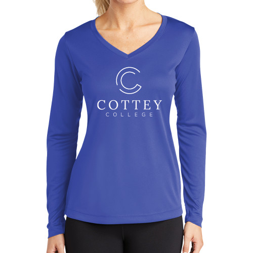  Womens Royal Performance Long Sleeve V Neck Shirt - Academic Logo Vertical