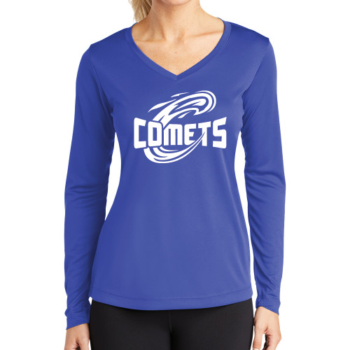  Womens Royal Performance Long Sleeve V Neck Shirt - Athletic Logo Home Version
