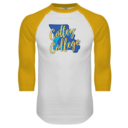  White/Gold Raglan Baseball T Shirt - Cottey College Missouri Silhouette