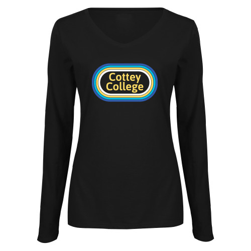  Womens Black Long Sleeve V Neck Tee  - Cottey College 70s Design