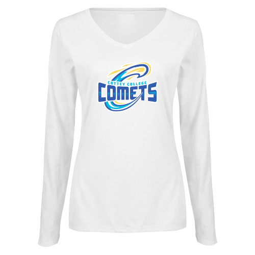  Womens White Long Sleeve V Neck Tee - Athletic Logo Away Version
