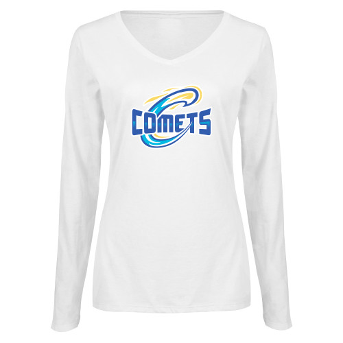  Womens White Long Sleeve V Neck Tee - Athletic Logo Home Version