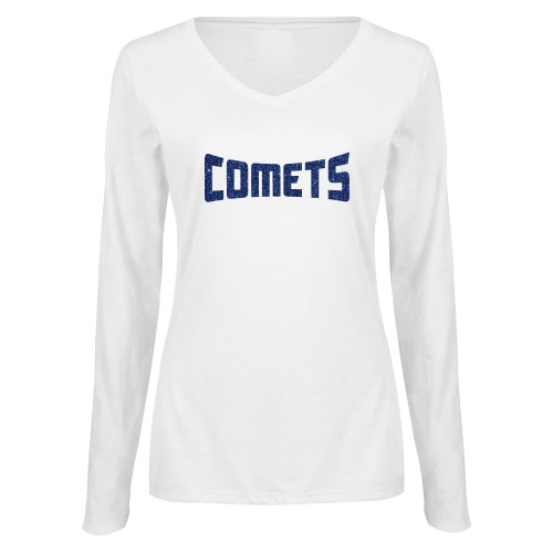  Womens White Long Sleeve V Neck Tee - H Dark Blue Glitter