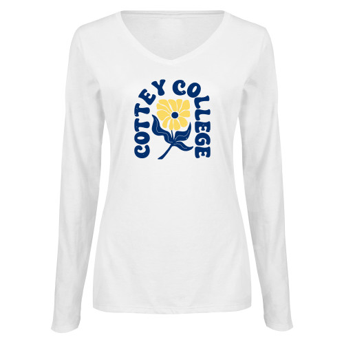  Womens White Long Sleeve V Neck Tee  - Cottey College Arched Over Daisy