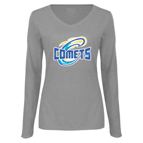  Womens Grey Long Sleeve V Neck Tee  - Athletic Logo Home Version