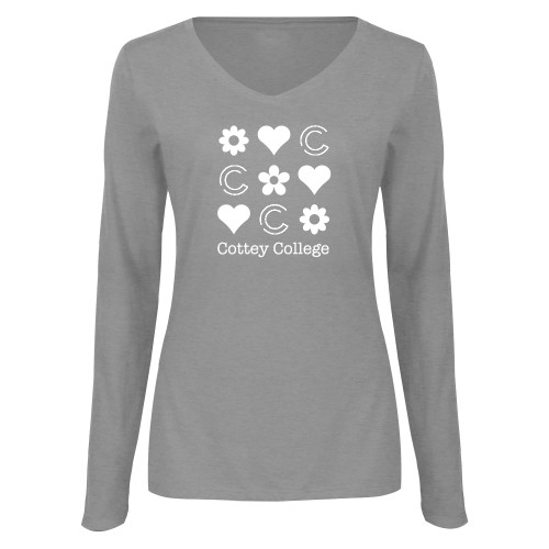  Womens Grey Long Sleeve V Neck Tee  - Cottey College Heart and Daisy Pattern