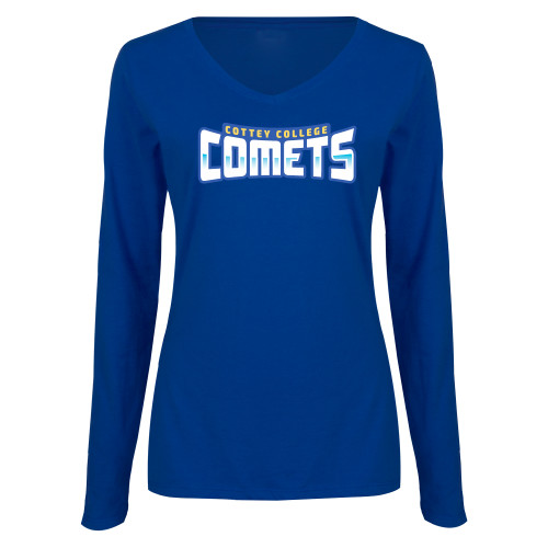  Womens Royal Long Sleeve V Neck Tee  - Wordmark