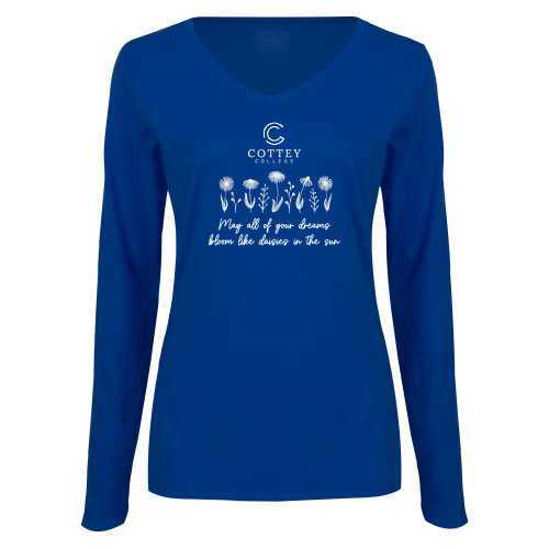  Womens Royal Long Sleeve V Neck Tee  - Cottey College Heart and Daisy Pattern
