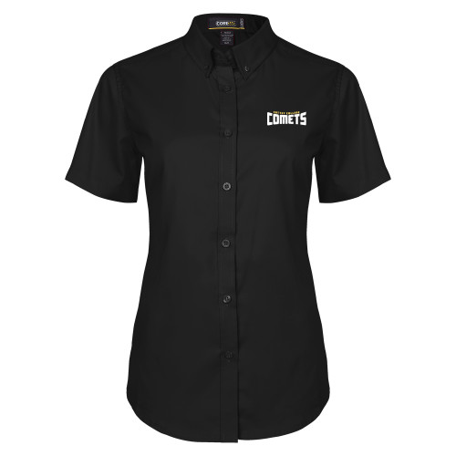  Womens Black Twill Button Up Short Sleeve - Wordmark Two Color