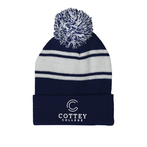  Navy/White Two Tone Knit Pom Beanie w/Cuff - Academic Logo Vertical