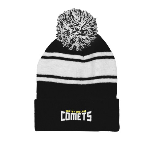  Black/White Two Tone Knit Pom Beanie w/Cuff - Wordmark Two Color
