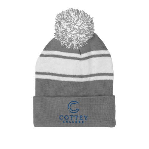  Grey/White Two Tone Knit Pom Beanie w/Cuff - Academic Logo Vertical