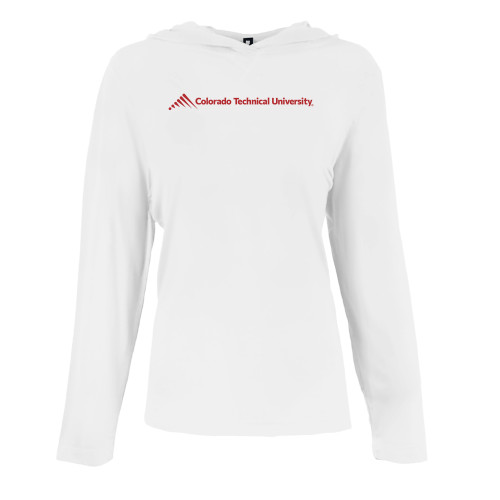  Womens White Long Sleeve Hooded Tee - Official Logo - Flat