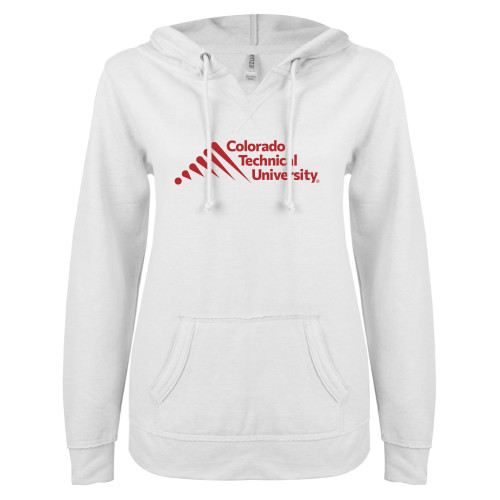  ENZA Womens White V Notch Raw Edge Fleece Hoodie - Official Logo - Stacked