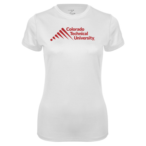  Womens White Performance Tee - Official Logo - Stacked