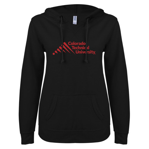  ENZA Womens Black V Notch Raw Edge Fleece Hoodie - Official Logo - Stacked