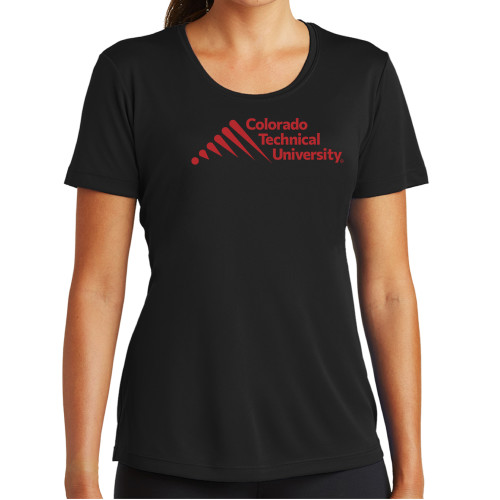  Womens Black Performance Tee - Official Logo - Stacked