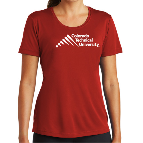  Womens Red Performance Tee - Official Logo - Stacked