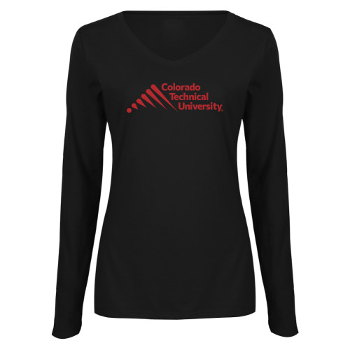  Womens Black Long Sleeve V Neck Tee  - Official Logo - Stacked