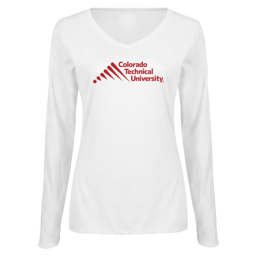 Womens White Long Sleeve V Neck Tee - Official Logo - Stacked