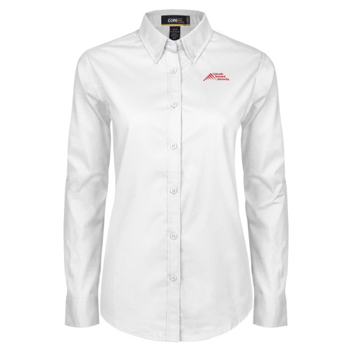  Womens White Twill Button Down Long Sleeve - Official Logo - Stacked